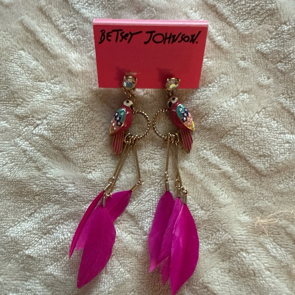 Betsey Johnson Fuchsia Parrot Feather Drop Earrings with Gold Accents